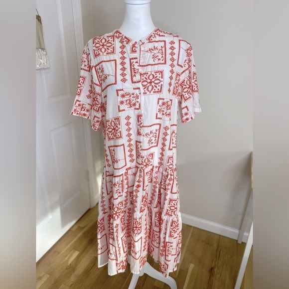 Poetry 100% Cotton Bohemian Patchwork White w Poppy Red Embroidery Midi Size 12 - Picture 2 of 9